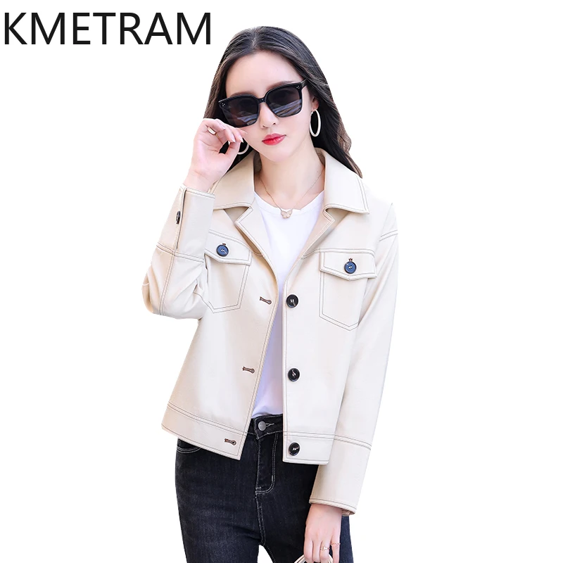 Kmetram echte Schaffell Lederjacke Frauen Frühling Herbst kurze Damen bekleidung dünne Motorrad Damen mantel 2024 Slim Fit