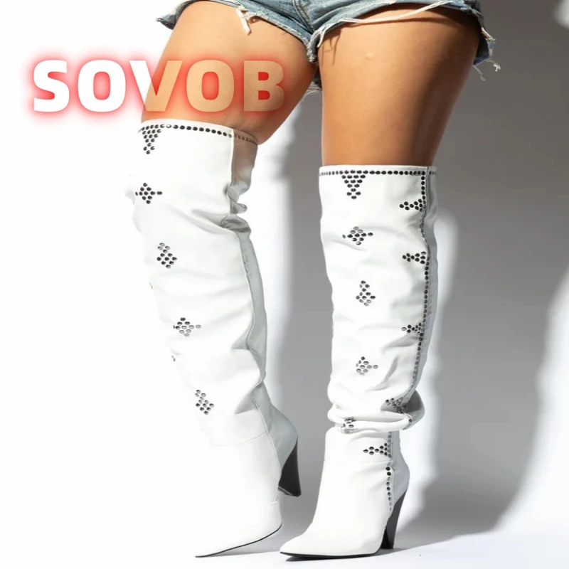 

White/Silver Over the Knee Thigh High Slouch Boots Sexy Metal Studded Spike Heels Long Boot Street Style Spicy Girl Autumn Shoes