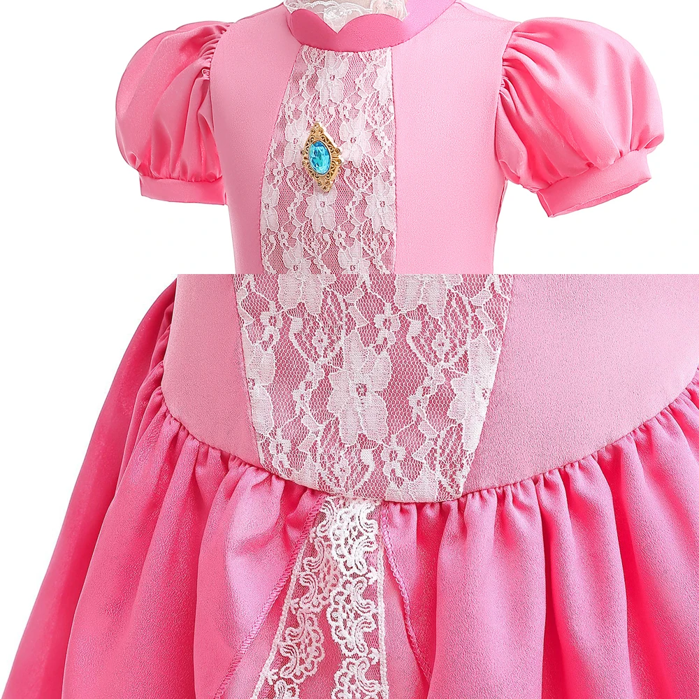 Peach Rosalina Dress Girls Daisy Cosplay Clothes Children Halloween Dress Up Outfits Summer Lace Applique Princess Costume