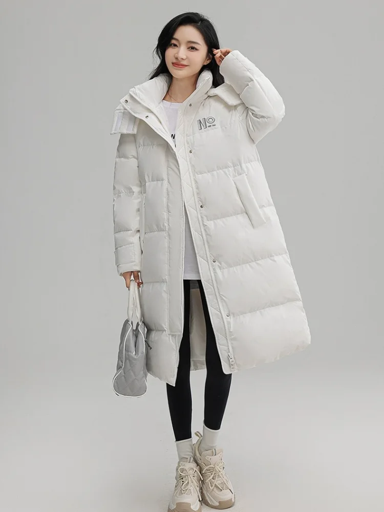 Long Hooded Parka Line Patchwork Down Jacket for Women, Letter Prints Jackets, Warm Loose Coats, Female Fashion, Winter