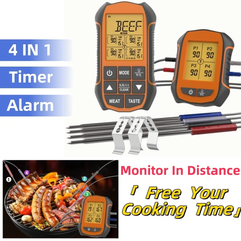 

Кухонные аксессуары 4 в 1, термометр для еды, мяса, кухонные наборы, инструменты, 150 м, беспроводная передача, измерение температуры, сигнализация для приготовления пищи