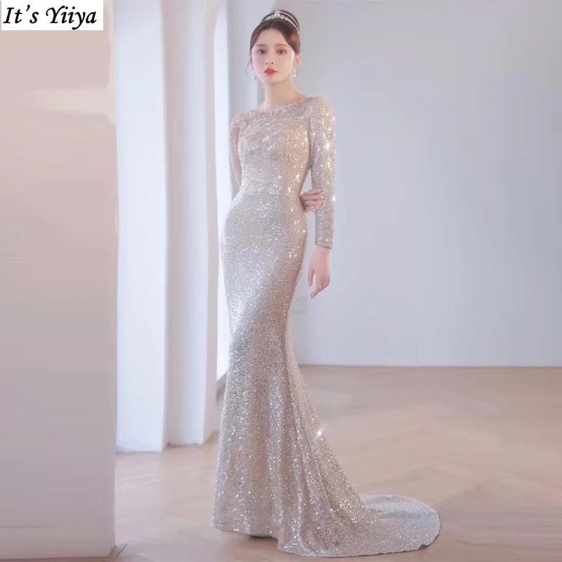 

It's Yiiya Customized Evening Dress Champagne Beads O-Neck Full Sleeves Floor-Length Zipper Plus size Woman Party Formal Gowns