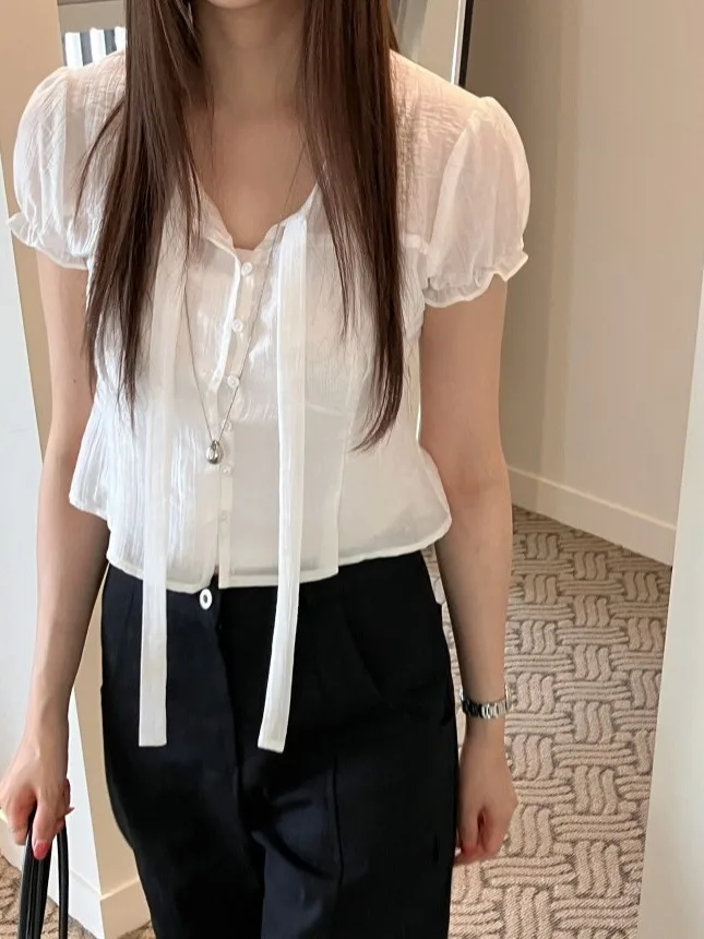 

Ele White ort irt Women's Chic Summer Button Bow Tie irt 2025 New Sle Commute Loose Bubble Sve Pure Color