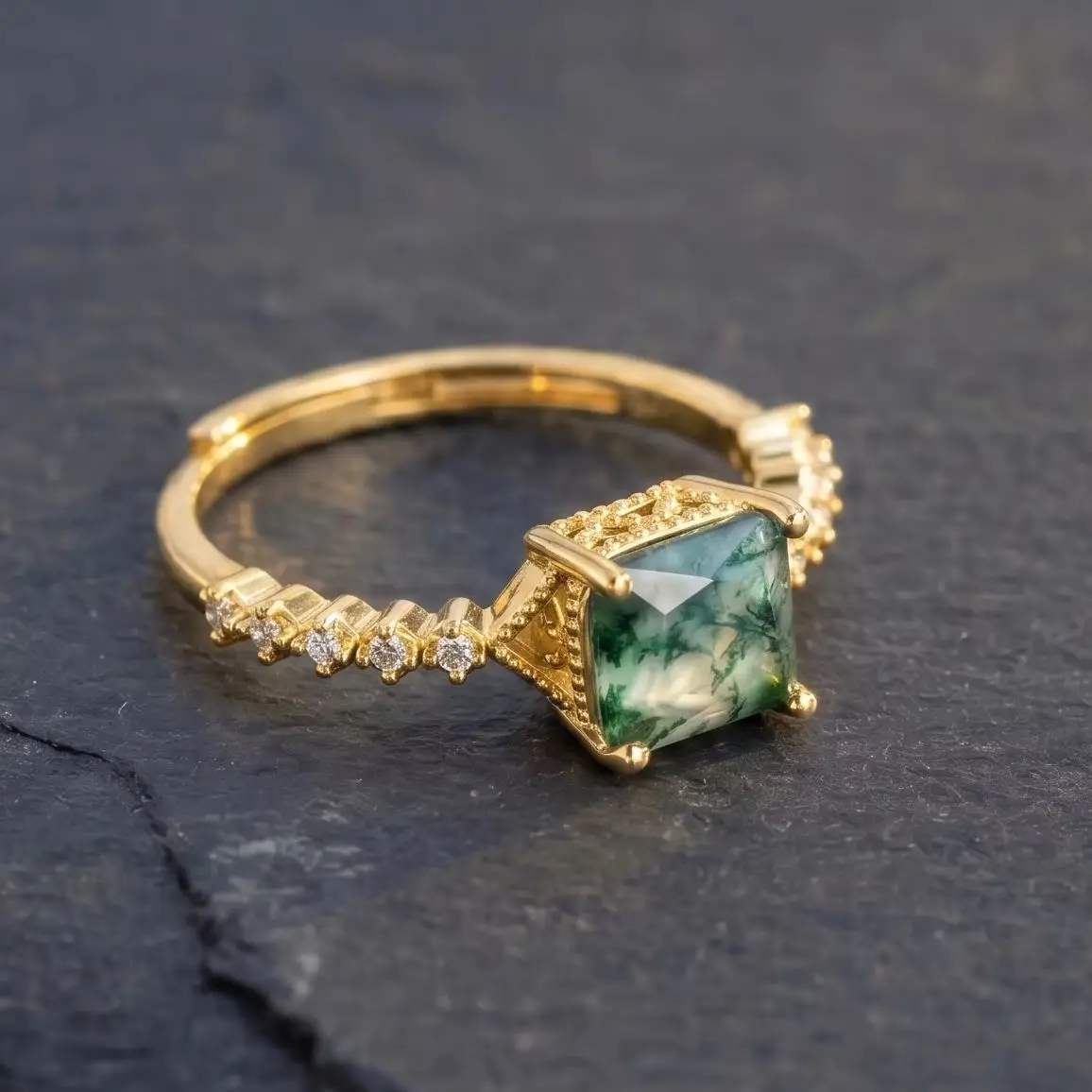 Luxury Square‑Cut Natural Moss Agate Halo Ring for Women,925 Sterling Silver Base Gold‑Plated Half‑Eternity Zircon Handmade Fine Jewelry,Wedding Party Occasion,Anniversary Holiday Gift Accessories