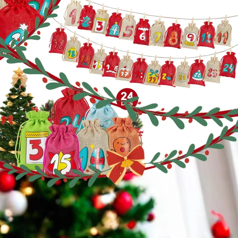 

New 24Pcs Christmas Advent Calendar Bags 10x14cm Burlap Drawstring Gift Bags DIY Countdown Set with Rope for Xmas Tree Decor