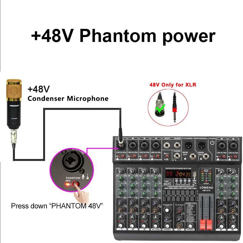 Imagem -04 - Mono Canais Console de Mistura 99 Efeito Digital Usb Sound Audio Mixer Bluetooth 48v Aux dj Mix Table Am-gt6 Gravação Lomeho6