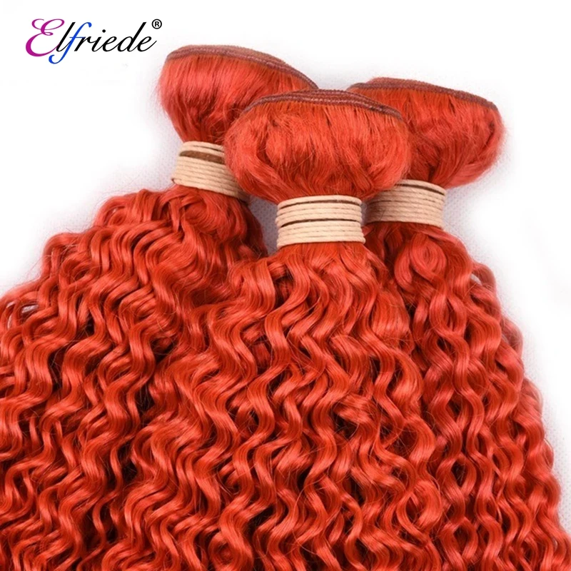 Elfriede Orange Red Kinky Curly Hair Bundles with Closure Brazilian Remy 100% Human Hair Weaves 3 Bundles with Lace Closure 4x4