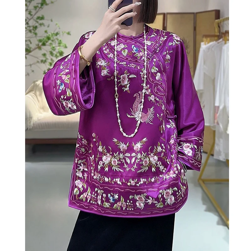 2024 New Autumn Chinese style Full Embroidery Flower Tang Costume Loose Round Neck Asymmetric Single Breasted Top Jacket S-XXL