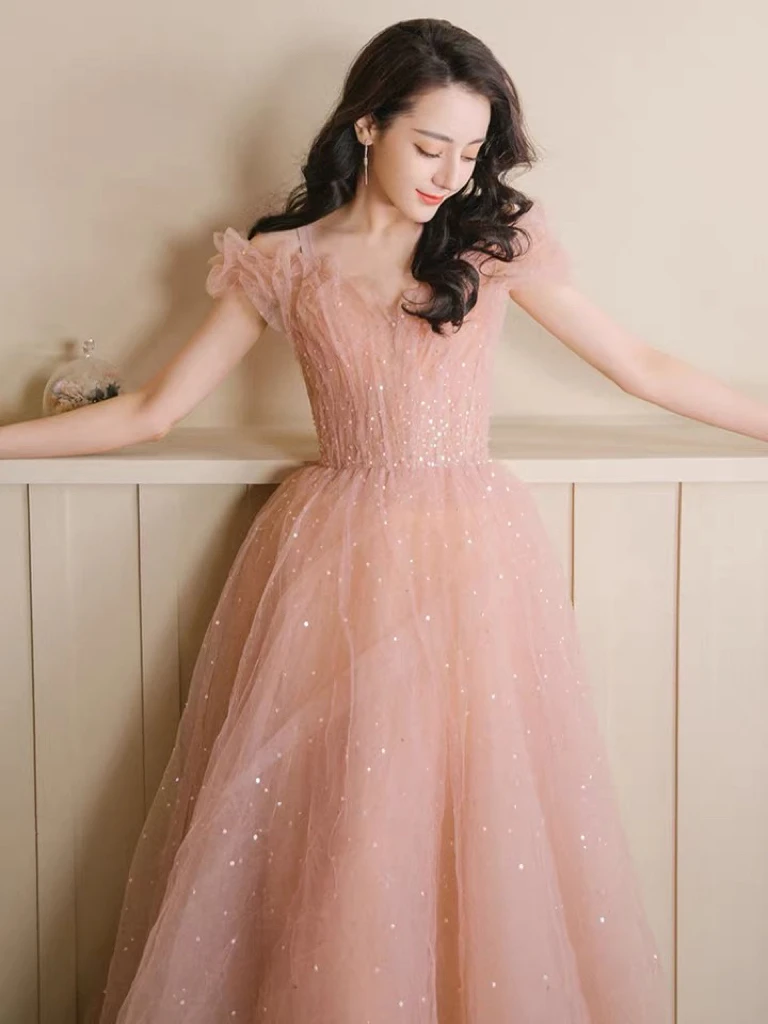 Luxury Pink Evening Dresses Off Shoulder Vintage Shiny Sequin Tulle Ruffle Sweetheart A Line Host Bridesmaid Prom Party Gown