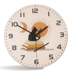 Modern Cute Cat Pattern Wooden Wall Clock for Living Room, Bedroom, Kitchen, Home Decoration, Silent Quartz Clock, Holiday Gift, 10 Inches, 12 Inches 14inch 16inch (No Battery)