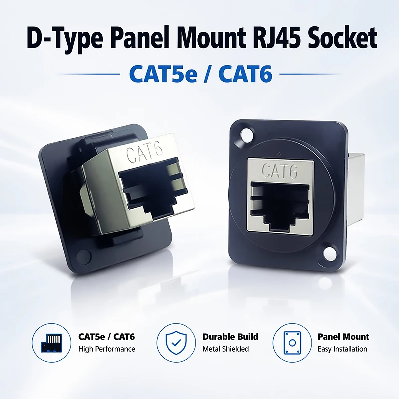 D-Type Panel Mount RJ45 Socket – CAT5e / CAT6 Ethernet Network Connector for Industrial Enclosure, Server Rack & Wall Box Wiring