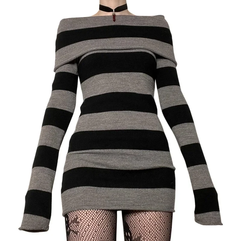 

Y2k Fairy Grunge Striped Long Sleeve Dress Tees Tops Women E-Girls Aesthetic Gothic Skull Print Baggy T Shirts Emo Clothes