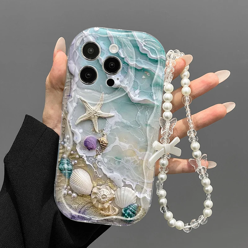 Wrist Strap Beach Starfish Shell Phone Case For Samsung Galaxy S24 S25 Plus S23 S26 Ultra A56 A57 A37 A06 A07 A15 A17 A27 Cover