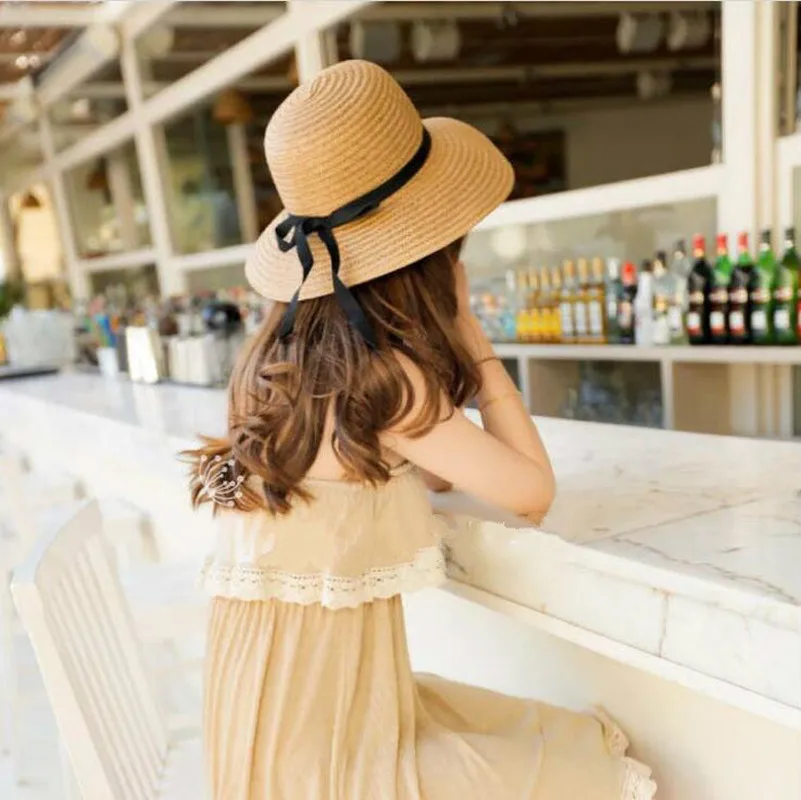 Wide Brim Bowknot Ribbon Straw Sun Hats for Women Girls Summer UV Protection Floppy Foldable Beach Hat Outdoor Travel Panama Cap