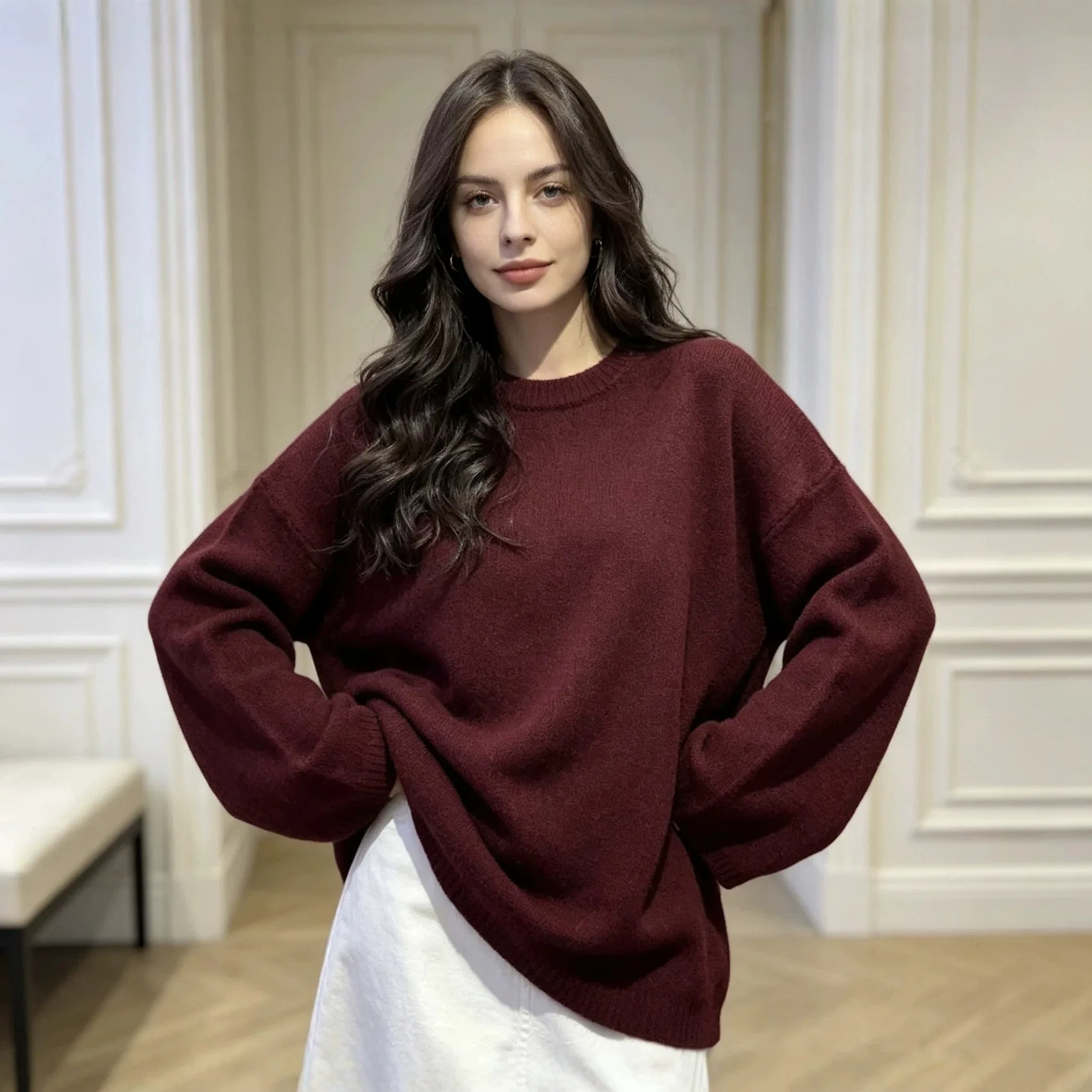 2026 Women Oversized Crew Neck Knit Sweater Casual Loose Long Sleeve Burgundy Pullover Jumper Autumn Winter Warm Ladies Knitwear