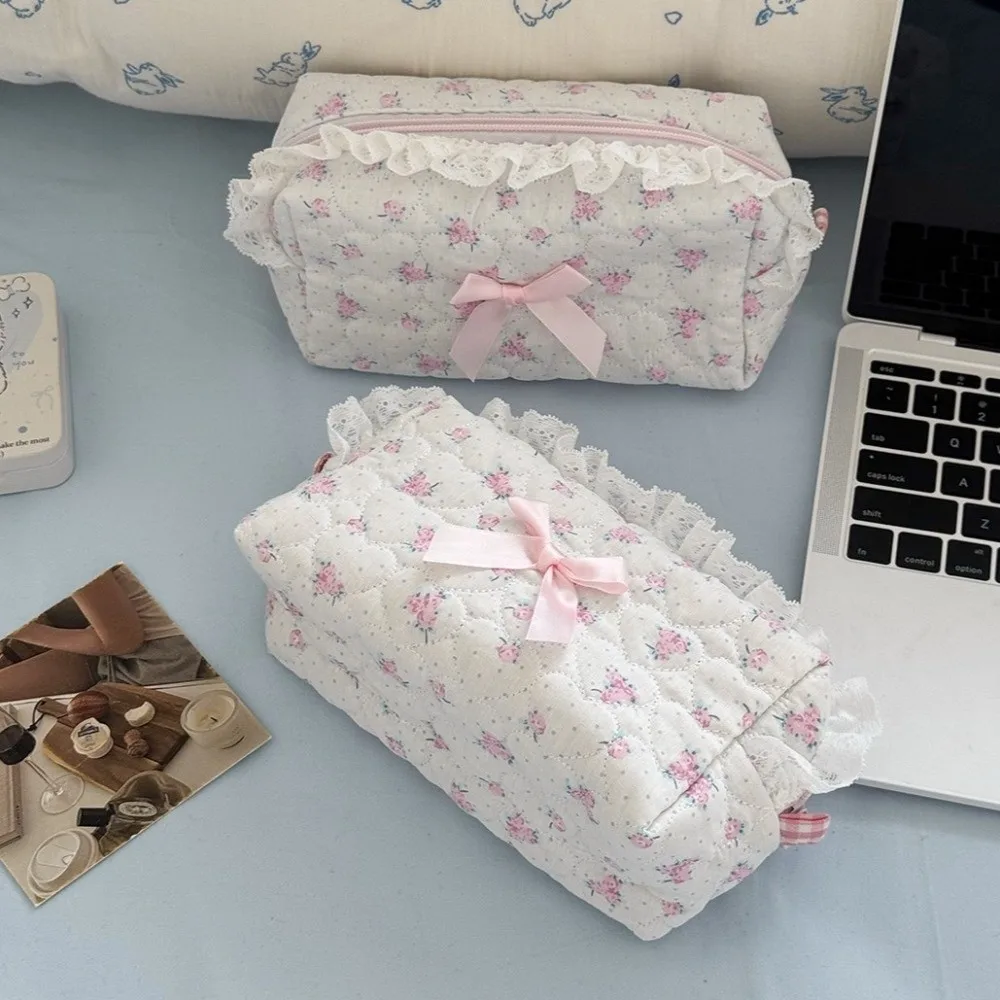 Pen Bag Flower Makeup Bag Bow Laca Travel Organizer Zipper Closure Cute Small Pouch Outdoor Use