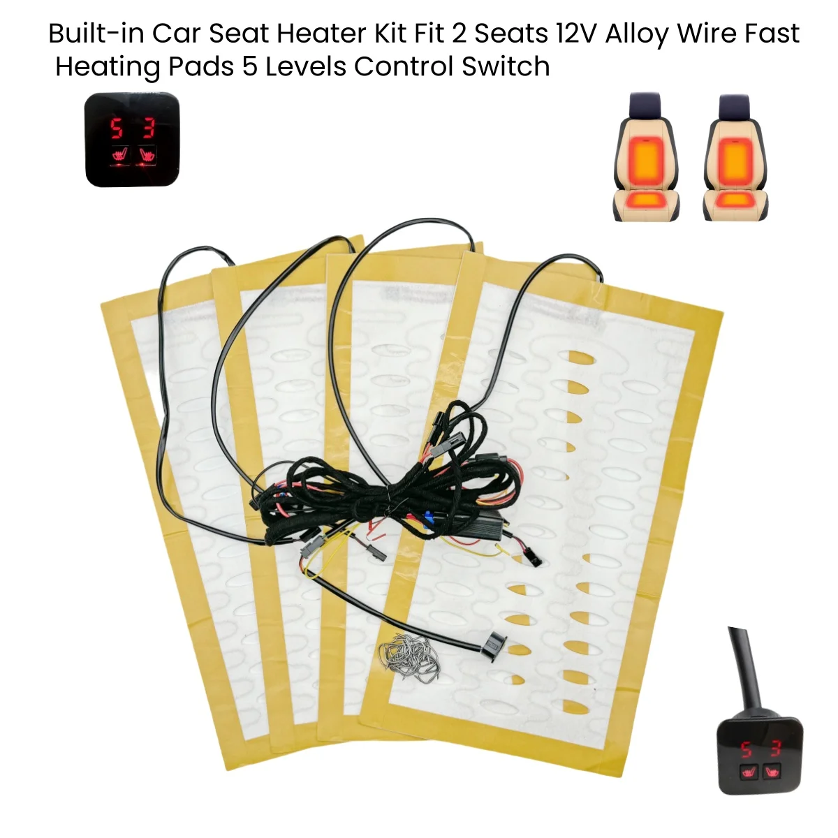 12V Built-in Car Seat Heater Kit Fit Two Seats 12V Alloy Wire Fast Heating Pads 5-Levels Control Switch System For Car Seats