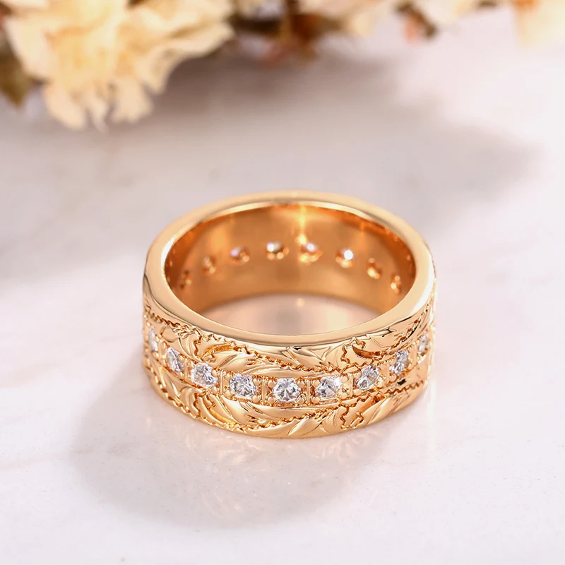 Huitan Newly Designed Women Finger Rings with White/Blue CZ Engraved Pattern Unique Female Rings Wedding Party Statement Jewelry