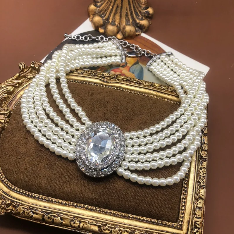 

vintage pearl string jewelry stone multi-layer design densely inlaid diamond fashion necklace temperament necklace