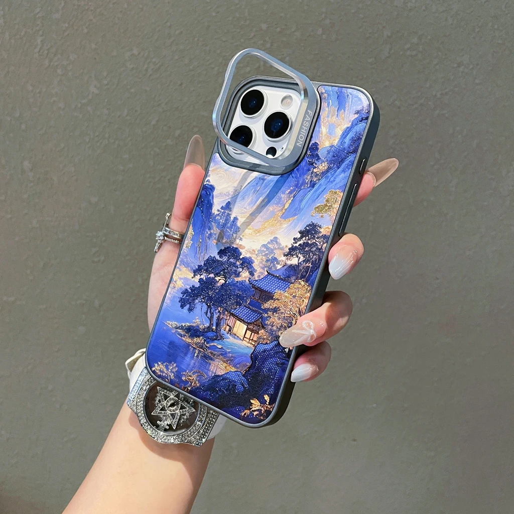 النفط اللوحة مذهب المشهد فناء الشاطئ مع حامل المغناطيسي غطاء الهاتف القضية آيفون 17 16 15 14 13 برو ماكس 17 الهواء #5