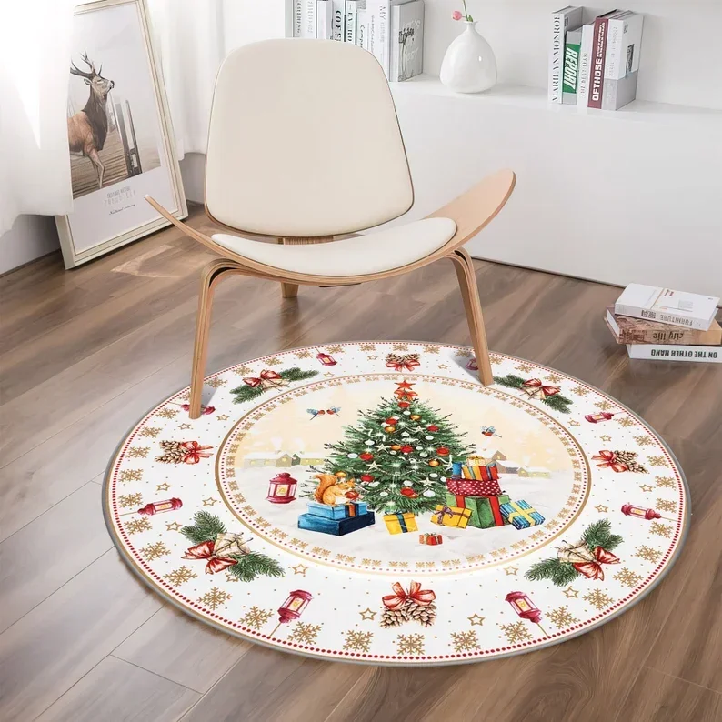 ~O~Festive Round Christmas Rug – Non-Slip Holiday Floor Mat for Living Room, Perfect as Christmas Décor & Gift