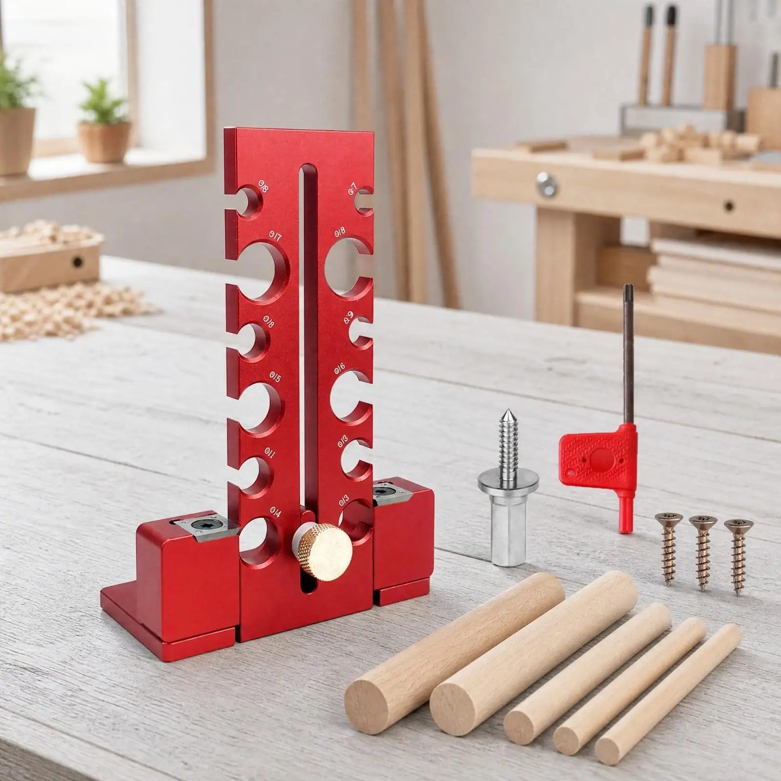 Round Rod Dowel Jig for Electric Drill Multi-diameter Wood Turning Tool with Hand Crank and Arbor Accessory Kit