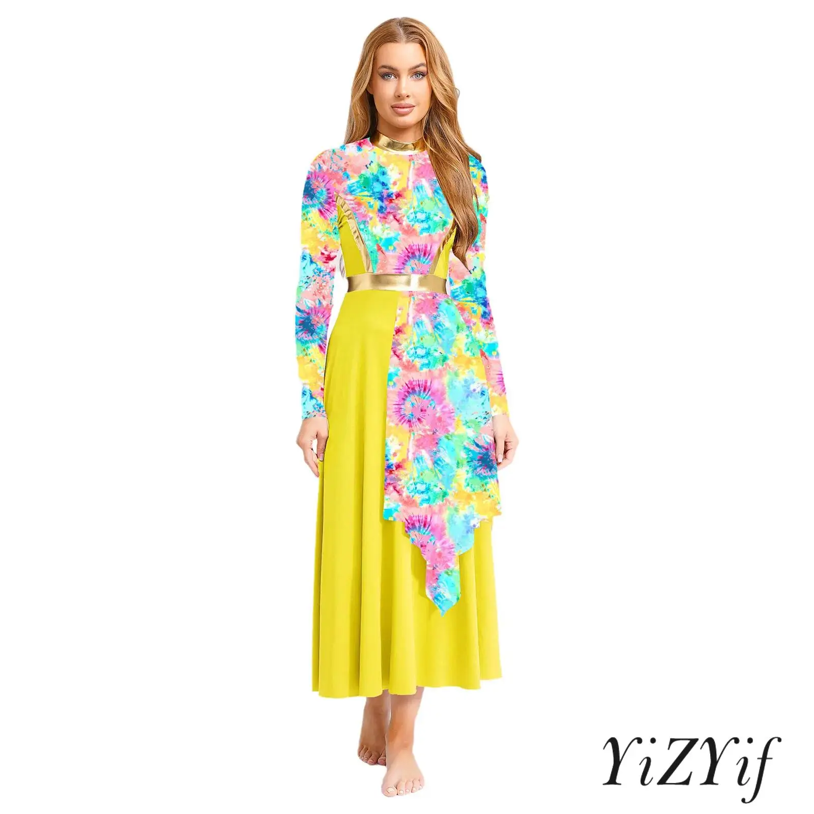 

Womens Lyrical Dance Dress Mock Neck Long Sleeve Tunic High Waist Asymmetrical Dress Praise Worship Dance Competition Costume