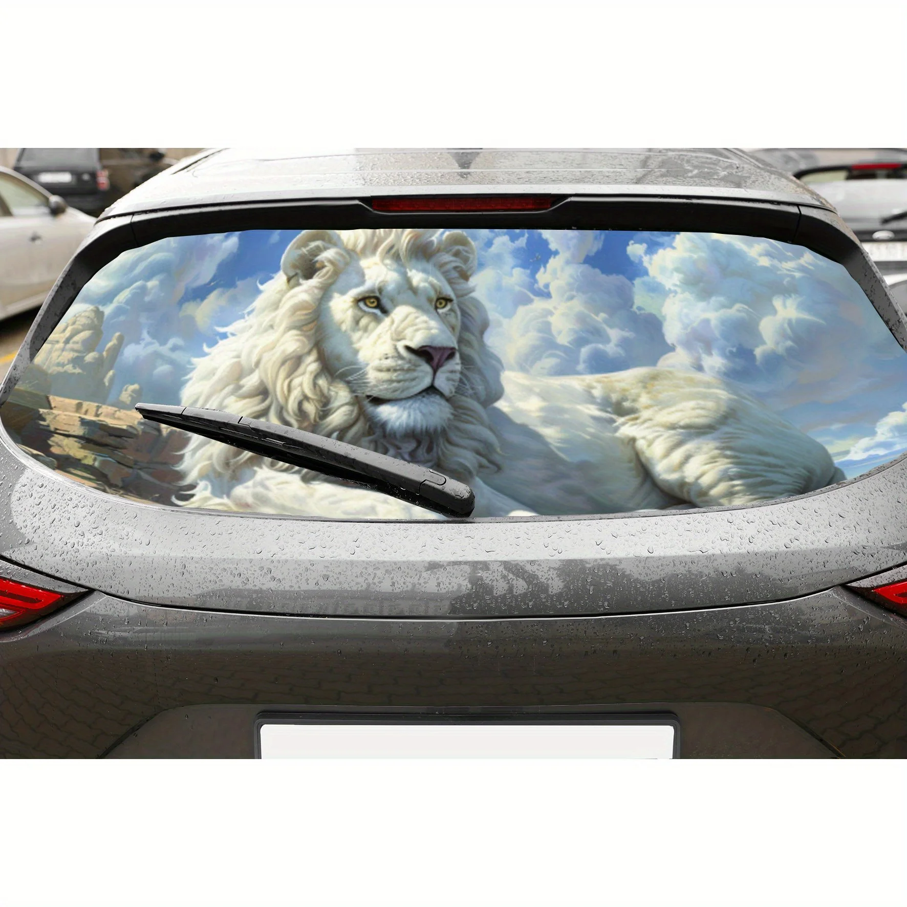 

Serene White Lion PVC Perforated Car Vinyl Wraps, Privacy Enhancing Design for Rear Window, Car Rear Windshield Sticker for Most