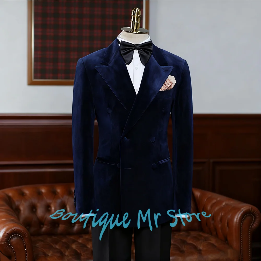 

Темно-синий бархатный двубортный мужской смокинг из 2 предметов (куртка + брюки) костюм, роскошный наряд для вечерних мероприятий, официальная банкетная одежда