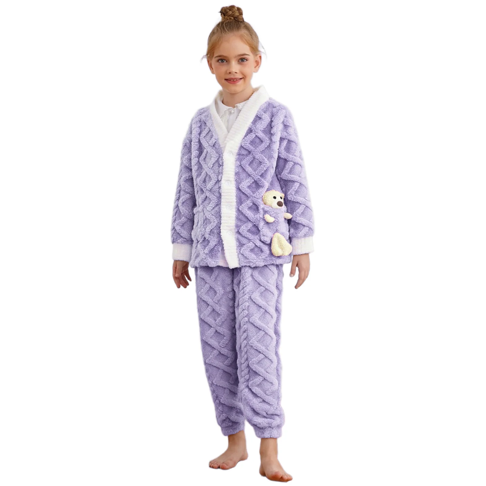 

Kids Girls Pajama Set 2-Piece Winter Coral Fleece Homewear Loungewear Long Sleeve Button Down Top with Elastic Waistband Pants