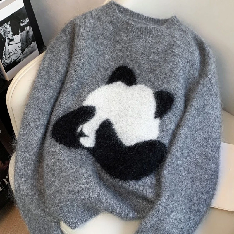 DAYIFUN-Cute Panda Jacquard Sweater for Women,Solid Color,Warm,Women's Autumn/Winter Knitted Tops,Round Neck,Loose,Pullovers