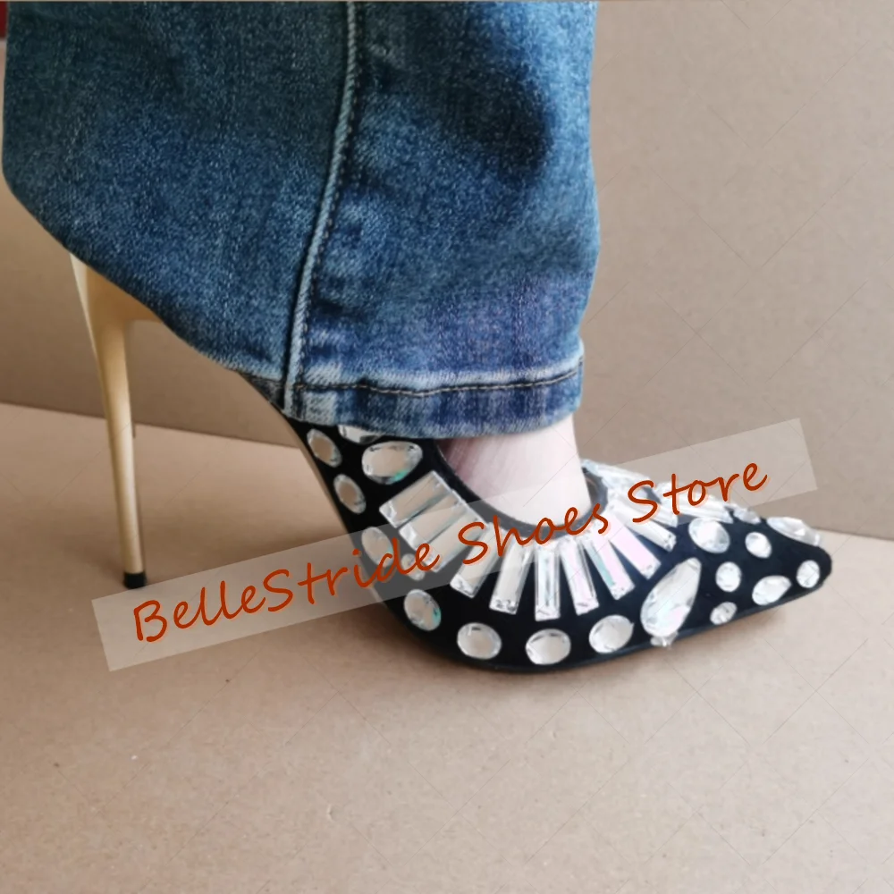 

Black Pointed Toe Crystal Shallow Pumps Fashion Women Shoes Stilettos High Heels Party Banquet Dating 2025 Zapatos Para Mujere