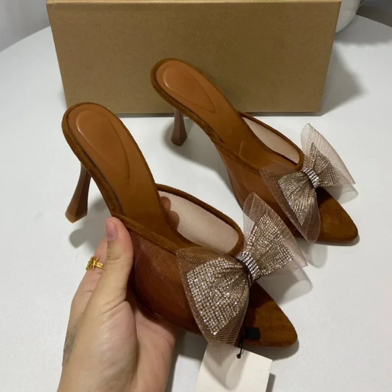 2024 Summer Pointed Shoes Woman Open Toe High Heels Shallow Diamond Shining Butterfly-Knot Slingbacks Mesh Ladies Mules Sandals