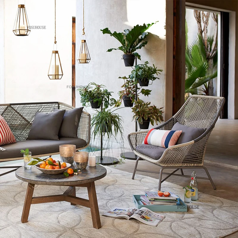 Outdoor Leisure Rattan Garden Sofas Nordic Outdoor Furniture Hotel Creative Armchair Sofa Home Courtyard Balcony Single Recliner