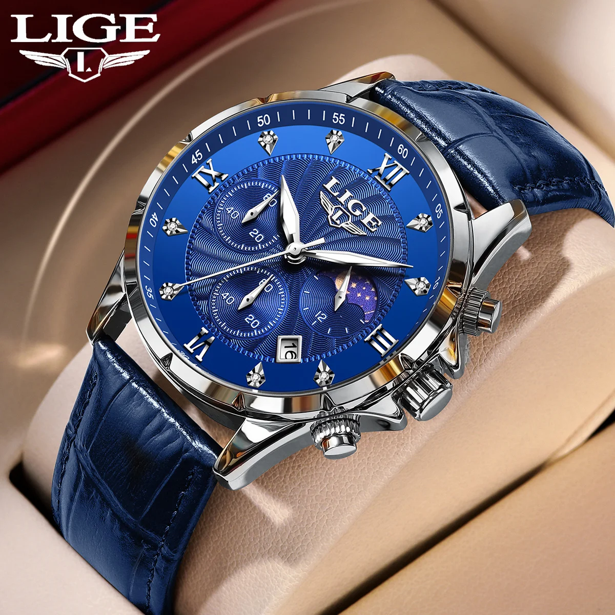 LIGE New Leather Strap Men's Watch Fashion Moon Phase Luminous Business Quartz Watches Waterproof Date Chronograph Man Watch