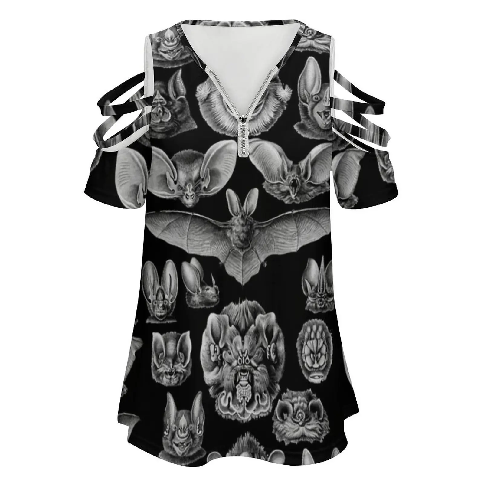 1904 Haeckel Chiroptera Women's T-Shirt Summer Fashion Print Floral V-Neck Zipper Tshirt Hollow Pullover Ladies Top Vintage Bat