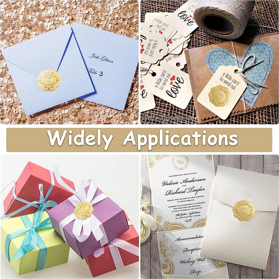 100pcs Gold Envelope Stickers Embossed Heart Seal Stickers for Postcards Invitations Card Gifts Decoration Self Adhesive Sticker