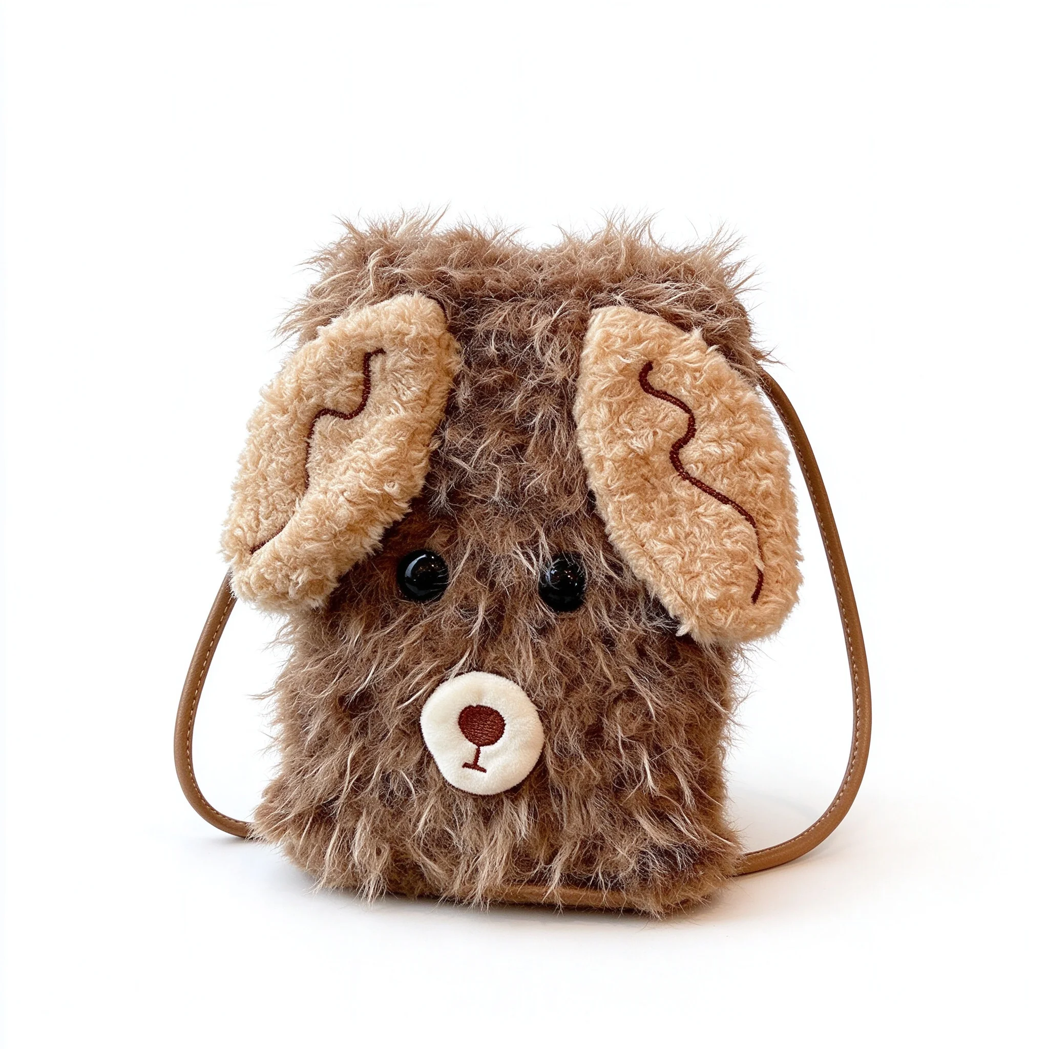 Khaki Beige Brown Cute Cartoon Puppy Dog Face Shape Ears Nose Plush Shoulder Bag Fluffy Crossbody Phone Coin Purse for Girls