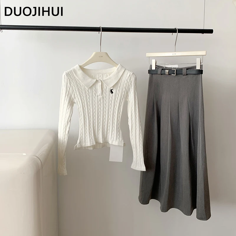 DUOJIHUI Two Piece Autumn Polo Neck Female Pullover Chicly Belt Slim Waist Skirt Basic Loose Long Sleeve Sweater Women Pullover