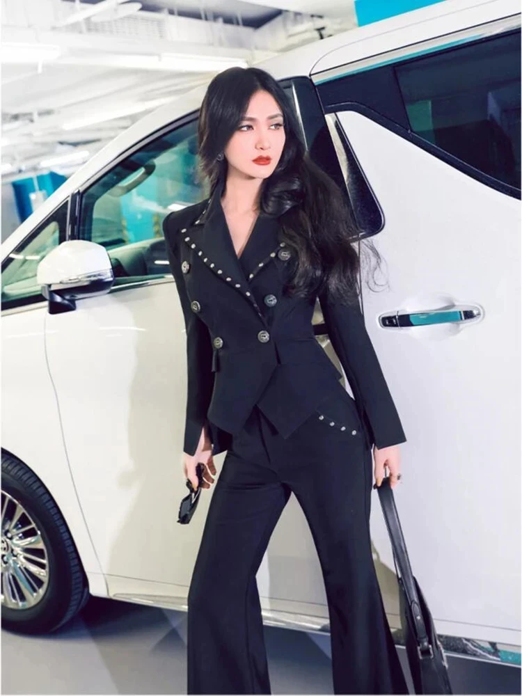 new spring autumn office lady Fashion casual brand female women girls slim rivet coat pants set suit clothing