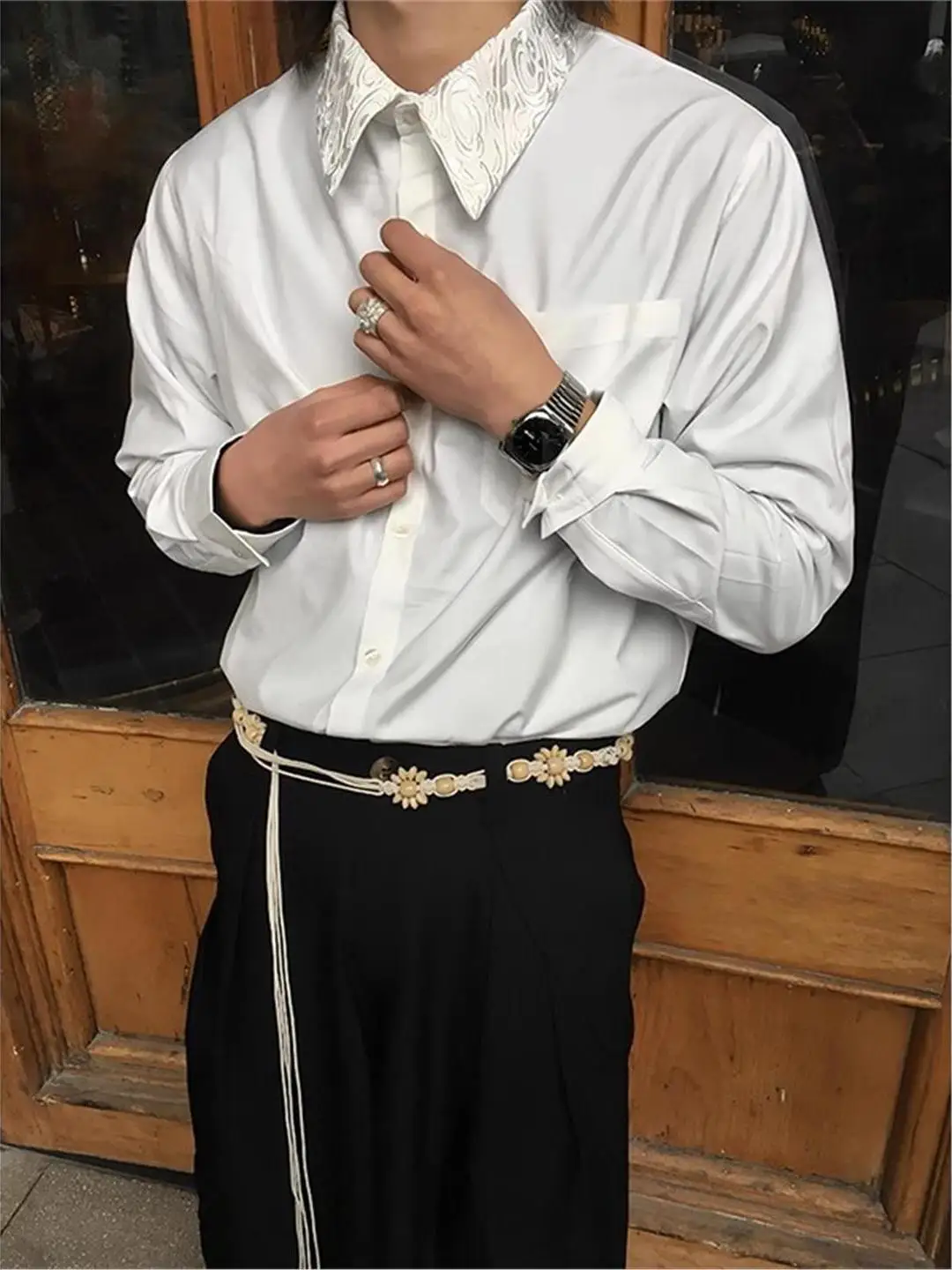 

Retro American Embroidered White Flower Collar Long Sve Men's irt Design Sensation Trendy Outerwear Spring Autumn Wear