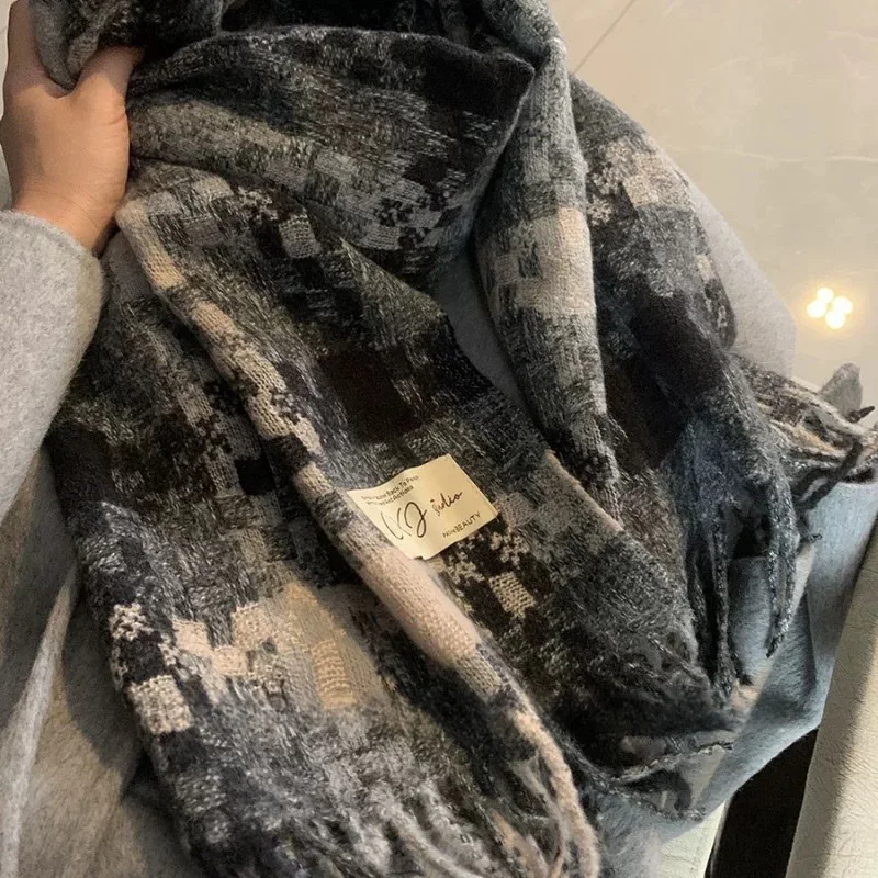 

Mosaic Fringe Plaid Couple Scarf - Winter Warm Neck Warmer, Unisex Soft Wrap for Women & Men Cold Weather