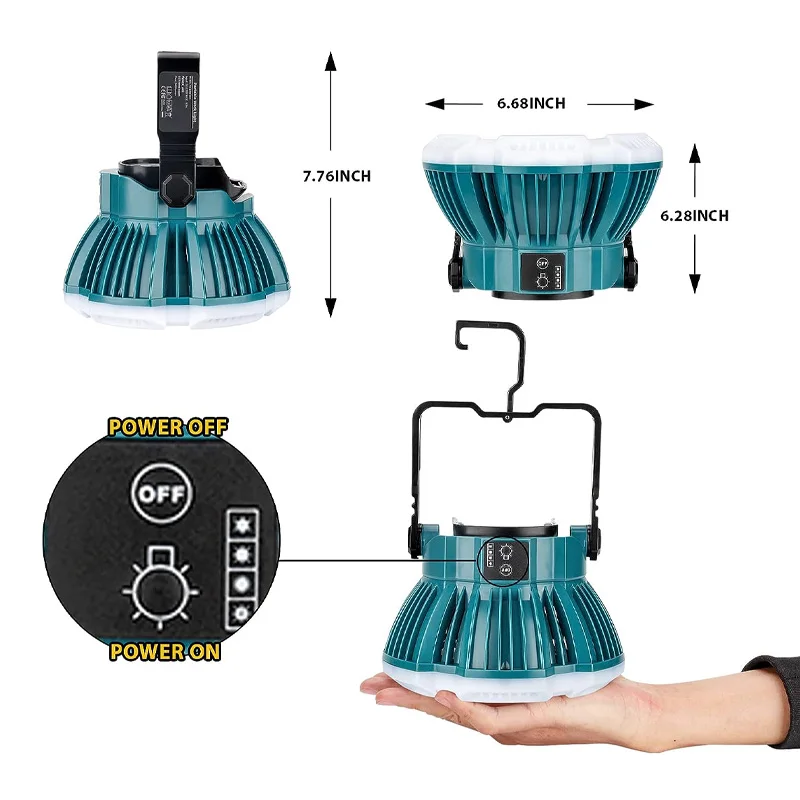 LED Lanterna de acampamento, luz de trabalho sem fio, bateria de lítio 24W, 2400Lumen, Makita Bosch, Dewalt, Milwaukee 14.4V-20V