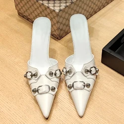 2024 Summer European and American Metal Riveted Baotou Women's Slippers New Motorcycle Pointed Fine Heels Black High Heels