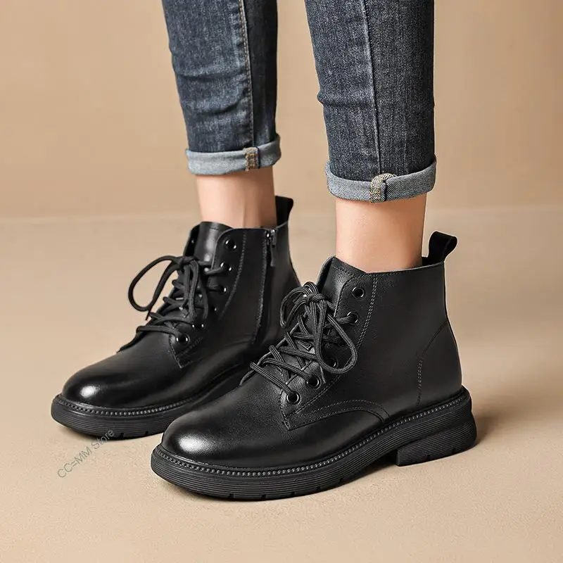 New Genuine Leather Boots Women Lace Up Platform Boots Round Toe Spring Autumn Motorclcle Ankle Boots for Women Shoes