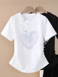 Chinese Retro Button Cotton T-shirt Women's Beaded Love Printed Casual Short Sleeve Summer China-Chic Top Women Clothing