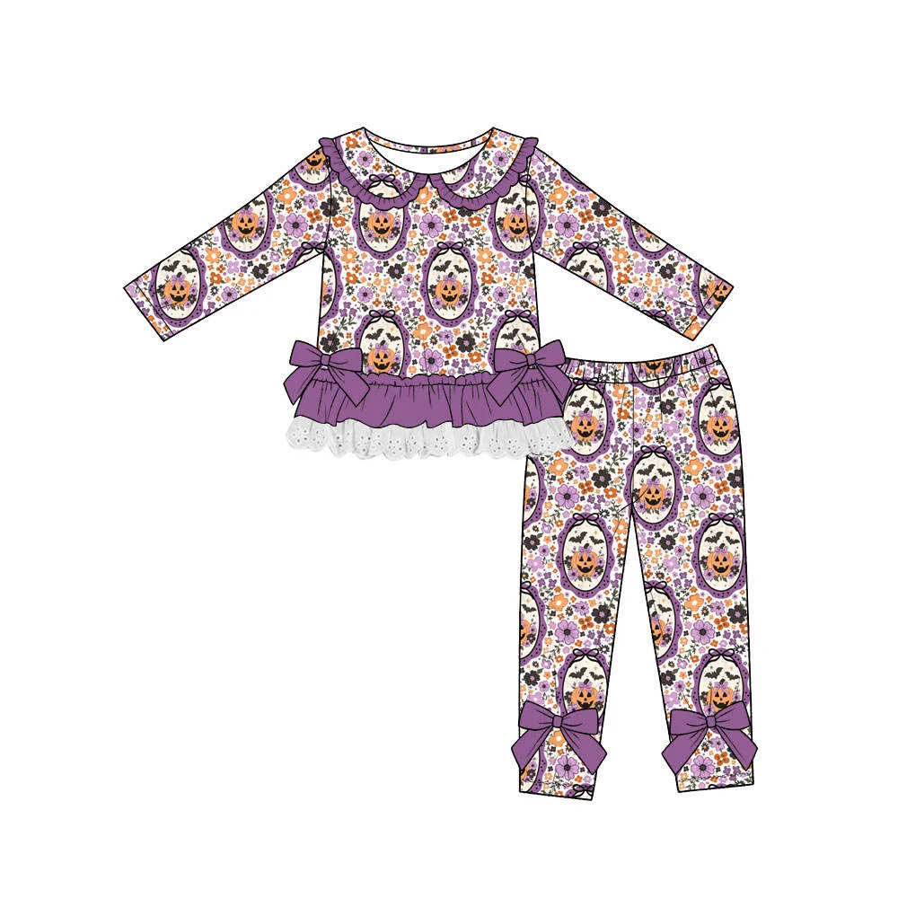 New Girls Halloween Autumn Clothing Pumpkin Print Long-Sleeve Top Double-Layer Lace Ruffles Paired with Leggings Boutique Set