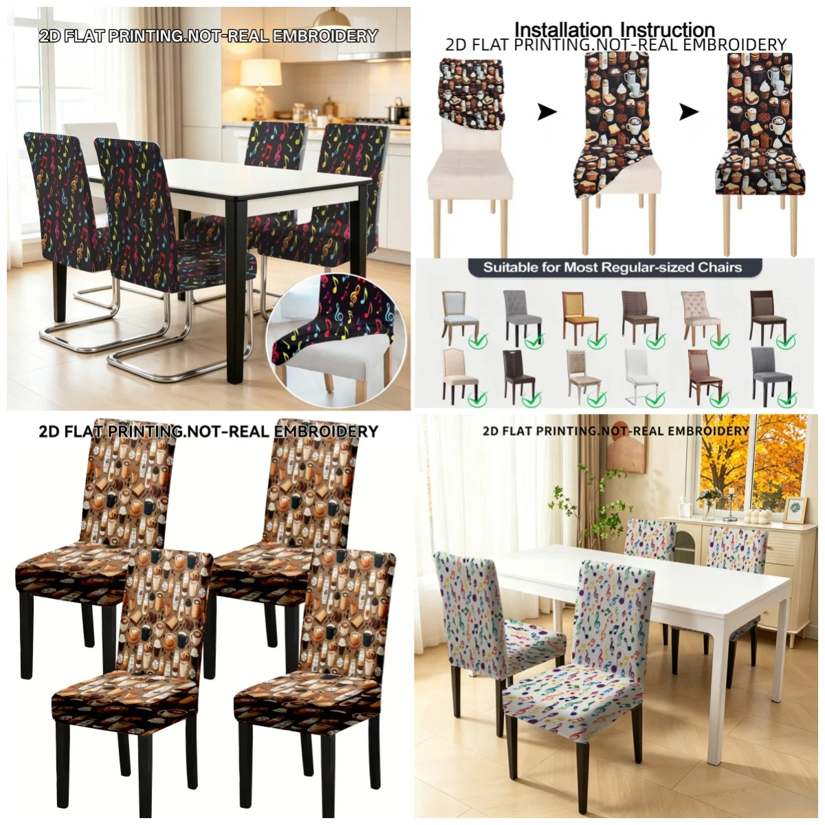 2/4/6 pcs Vintage stretch dining chair cover cute music note coffee teddy bear print removable chair cover party home decoration