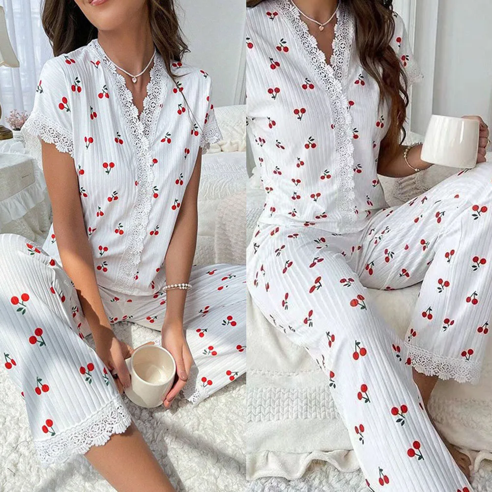 

Women Lace Trim Short Sleeve Stretch Top Long Pants For Cherry Print Soft Sleep 2 Piece Pajama Set Breathable Lounge Pajama