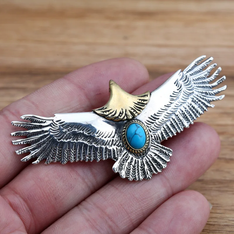 

S925 pure silver decoration retro Thai silver Japanese Korean handmade turquoise gold eagle fashionable pendant